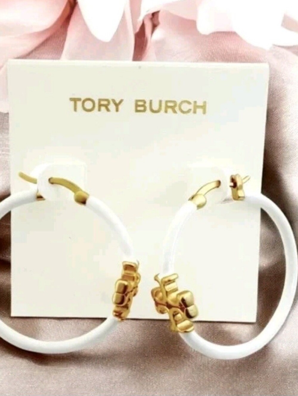 Tory Burch White Hoop Earrings with Gold Logo Accents